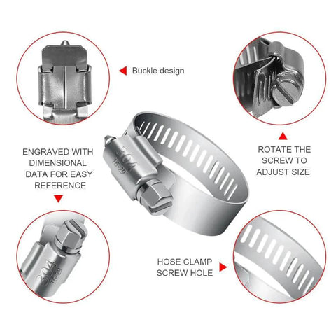 Close-up view of 40 Pcs Hose Clamp Set With Seven Size Ranges Adjustable Pipe Tube Clamps Made From Premium 304 Stainless Steel Durable Hose Clamps For Home Garage Garden Lawn Projects and Everyday Repairs.