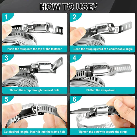 Step-by-step guide for using 304 Stainless Steel Hose Clamps DIY Kit With 26 Foot Length Adjustable Metal Strap Clamps And 15 Fasteners