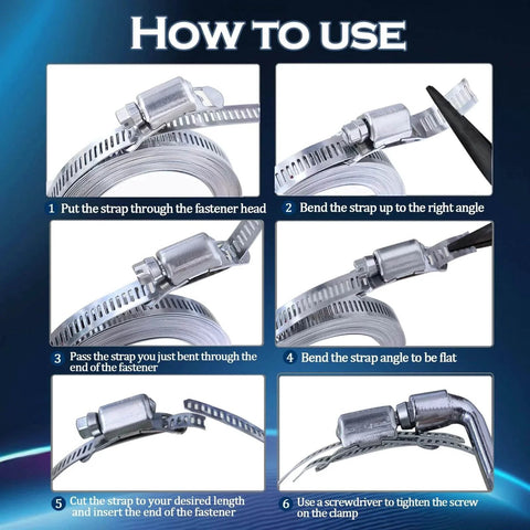 Instructions for using 304 Stainless Steel Hose Clamp Assortment Kit With 12 Ft Metal Strap And 8 Stronger Fasteners