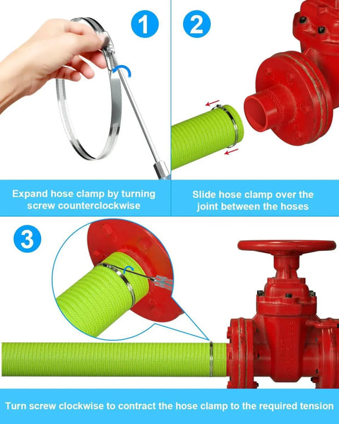 Steps showing installation of Hose Clamp Set Of Six 12 Inch 304 Stainless Steel Worm Gear Clamps for connecting green hose