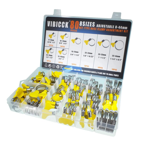 Stainless Steel Hose Clamp Assortment Kit 80 Pieces Adjustable 8 To 44 Mm Worm Gear Metal Fuel Line Clamps For Plumbing Automotive And Mechanical Applications Corrosion Resistant 304 Stainless in a plastic organizer