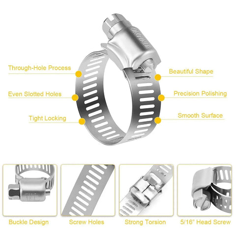 Stainless Steel Hose Clamps 16 Pack Worm Gear Drive SAE 12 Clamps Clamping Range From Half Inch To One And Quarter Inch 14mm To 31mm For Automotive Plumbing Premium 304 Stainless Construction For Maximum Corrosion Resistance, showing details like buckle design and screw holes.