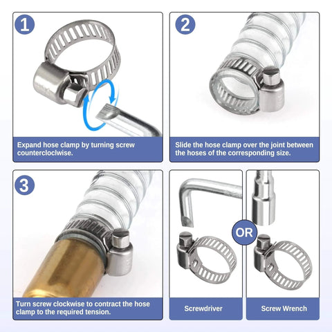Instruction steps for using 200 Piece Hose Clamp Set 304 Stainless Steel Adjustable Worm Gear Clamps with tools