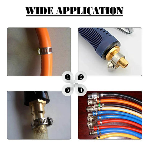 Image showing the 100 Pieces Adjustable 8-44mm 304 Stainless Steel Worm Gear Hose Clamps Assortment Kit for Water Pipes Plumbing Automotive and Mechanical Use in various applications.