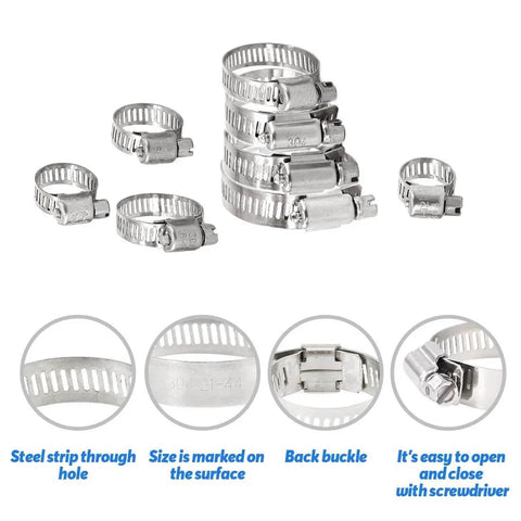 Image of 100 Pieces Adjustable 8-44mm 304 Stainless Steel Worm Gear Hose Clamps Assortment Kit with close-ups of features.