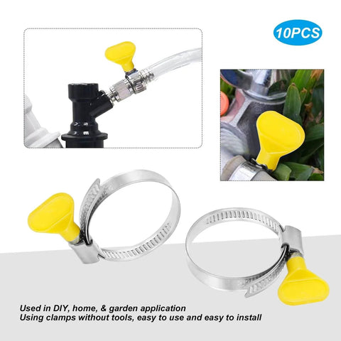 10 Pack Stainless Steel Hose Clamps 1.25 To 2 Inches Butterfly Thumb Screw Yellow Key Type Adjustable Clamps 32 To 50 mm