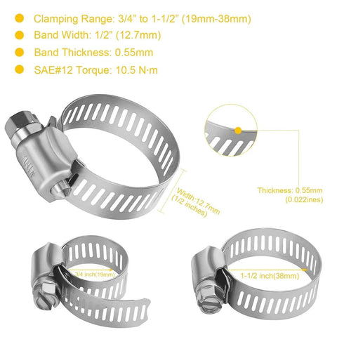 Stainless Steel Hose Clamps 16 Pack SAE 16 Worm Gear Drive Clamps For Automotive Plumbing 3/4 Inch To 1-1/2 Inch Range 19mm 38mm 304 Stainless Steel Construction Corrosion Resistant For Salt Water And Chemicals.