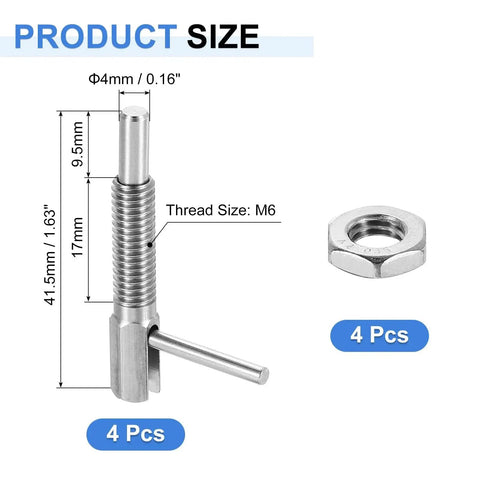 Beefy Retractable Indexing Plunger Pin Set 4 Pack Stainless Steel M6 Thread 17mm Length 9.5x4mm Pin With Nuts
