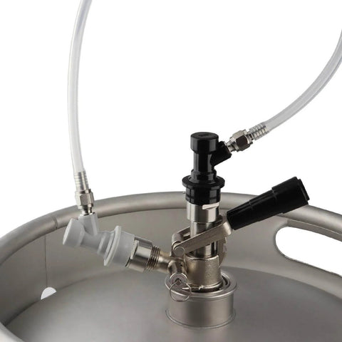 Ball Lock To Sankey Keg Adapter Conversion Kit In Stainless Steel with Food Grade Silicone Washers installed on keg coupler