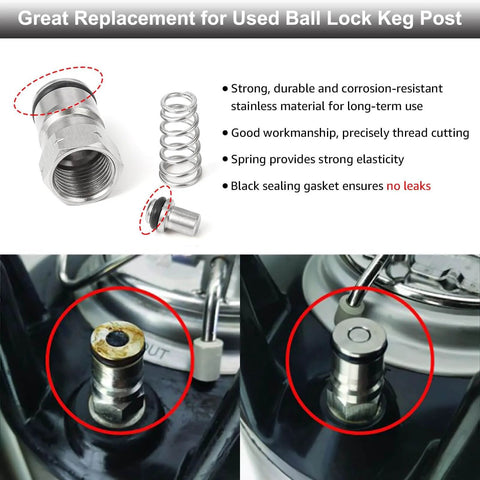 Ball Lock Keg Post Quick Disconnect Set For Corny Kegs Stainless Steel Homebrew Connectors with gasket and spring shown.
