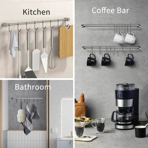 Kitchen Utensil Rack 2 Pack, 15.6 Inch Pots and Pans Hanging Rack Wall Mounted with 304 Stainless Steel Utensil Hanger shown in use