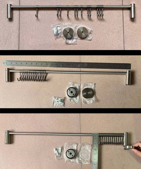 Premium Stainless Steel Kitchen Tool Utensil Organizer Rack with Movable Hooks for Pan Pot, Wall Mount (24"-12Hooks Version B) displayed on surface with accessories.