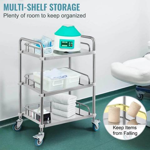 Stainless Steel Lab Rolling Cart With 3 Shelves, Heavy-Duty Lab Serving Cart With Guardrails And Swivel Casters For Clinic
