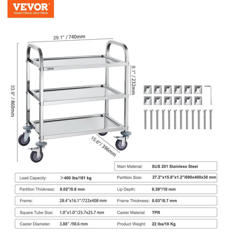 Stainless Steel Lab Cart With Three Shelves 400 Pounds Capacity Locking Wheels Medical Utility Cart For Lab Clinic Kitchen Salon Durable And Easy To Clean Corrosion Resistant Mobile Storage Trolley