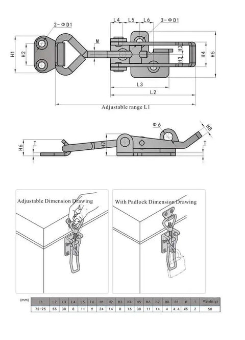 Diagram of a Stainless Steel Adjustable Latch Buckle Cabinet Box Lever Handle Toggle Catch Lock For Doors And Drawers 75 To 95 Mm Range 2 Pack Silver Durable Easy Install For Secure Closure showing dimensions and padlock use.