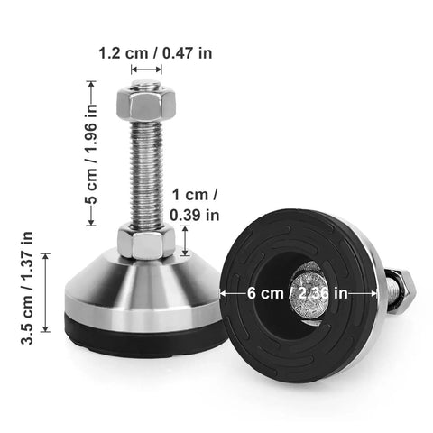 Front and top view of Beefy Leveling Feet For Cabinets Tables Workbenches And Machines With 2 36 Inch Base And M12 Thread Adjustable Leg Levelers 5280 Lb Capacity 304 Stainless Steel With Nylon Base For Floor Protection Vibration Dampening 4 Pack Anwenk showing 60mm base and M12 thread with labeled measurements