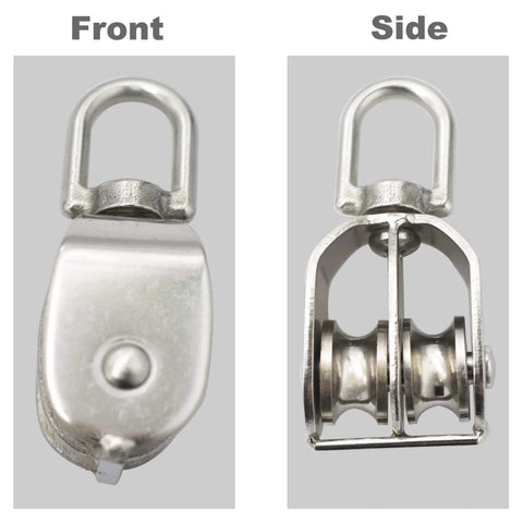 Front and side view of 2 Packs Stainless M20 Double Pulley Block Lifting Teaction Wheel Wire Rope Crane for Lifting and Hanging