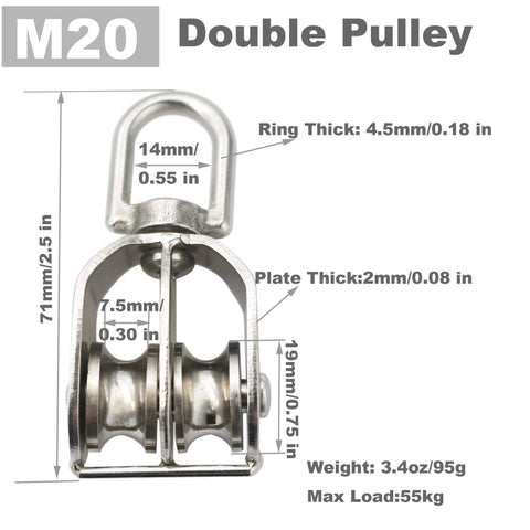 2 Packs Stainless M20 Double Pulley Block Lifting Teaction Wheel Wire Rope Crane shown with dimensions