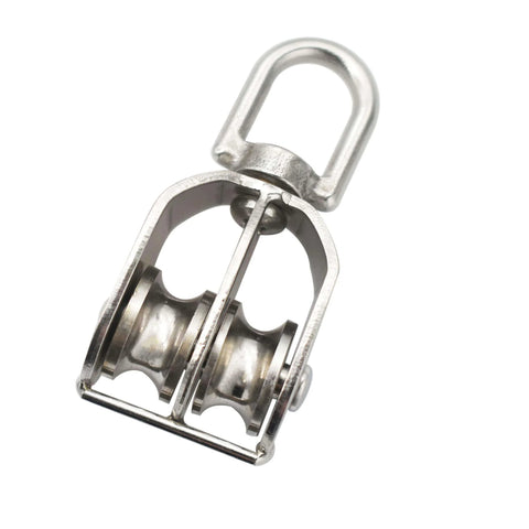 2 Packs Stainless M20 Double Pulley Block Lifting Teaction Wheel Wire Rope Crane for Lifting and Hanging close-up view