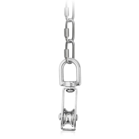 16 Pack M20 Single Pulley Block With 200lbs Load Capacity In 304 Stainless Steel Swivel Pulley hanging from chain