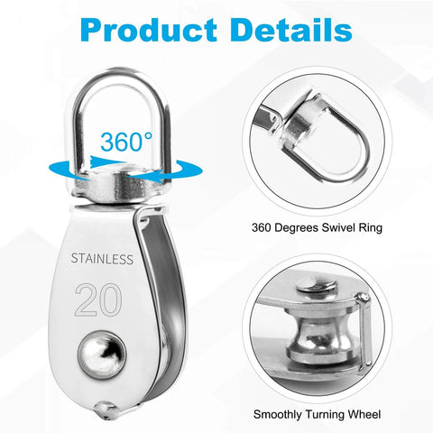 Close-up of 12 Pack M20 Single Pulley Block, 304 Stainless Steel Wire Rope Cable Pulley, showing 360-degree swivel and wheel.