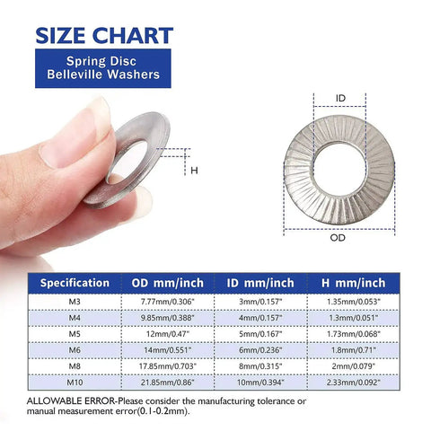 Hand holding stainless Belleville washer with size chart showing metrics for 220 Pcs Metric M3 To M10 Stainless Conical Knurled Spring And Belleville Washers.