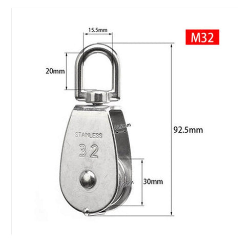 Front view of Stainless Steel Pulley M32 Single Wheel Swivel Lifting Rope Pulley Set with dimensions