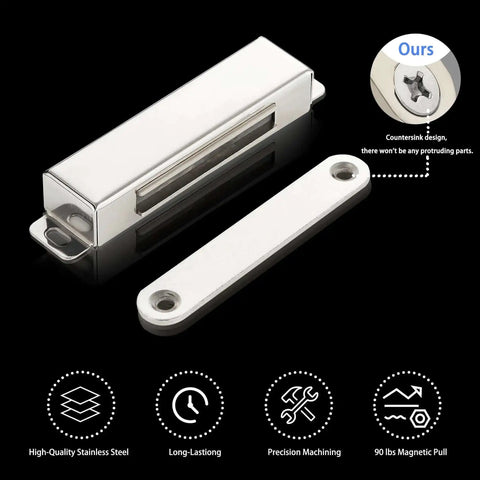 2 Pack Heavy Duty Magnetic Door Catch With 90lb Pull, Stainless Steel Anti Rust Design displayed with counter sink detail