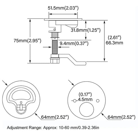 Technical diagram of 2 Inch Stainless Steel Marine Cam Latch For Boat Hatch Lock Recessed Pull Handle with dimensions
