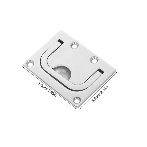 Top view of stainless steel boat deck hatch lift ring pull with screws; 316 marine grade, 7.5 × 5.5 cm plate