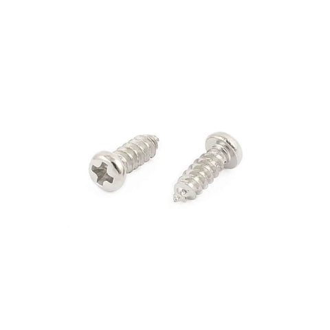 Close-up of 50pcs M2.5 X 8mm stainless steel Phillips pan round head self-tapping screws on white surface.