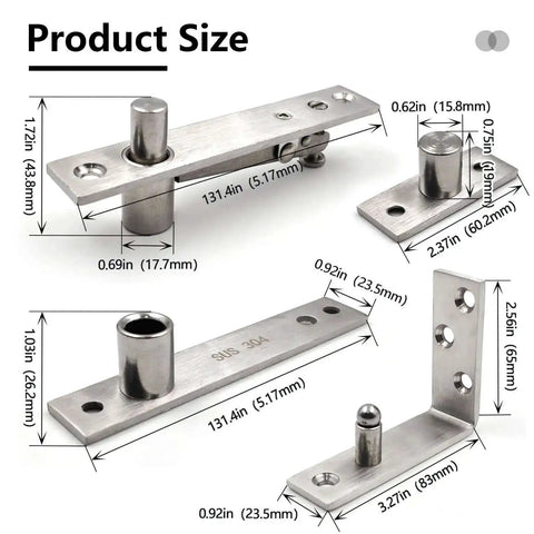 Heavy Duty Stainless Steel Wood Door Pivot Hinges Built Tough With 180 Degree Rotation Adjustable Swing Mount L Shape Design, showing product sizes.