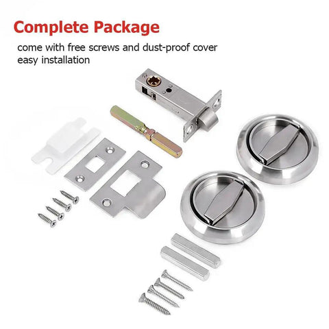 304 Stainless Steel Keyless Pocket Door Lock For Corridor Sliding Doors With Hidden Recessed Cup Install Brushed Silver Door Handles Easy Installation No Keys Required Durable Privacy Solution with complete hardware package.
