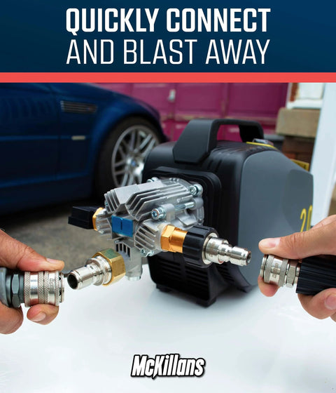 Heavy Duty M22 To Three Eighth Inch Quick Disconnect Kit For Pressure Washers Stainless Steel Quick Connect Adapters shown in use