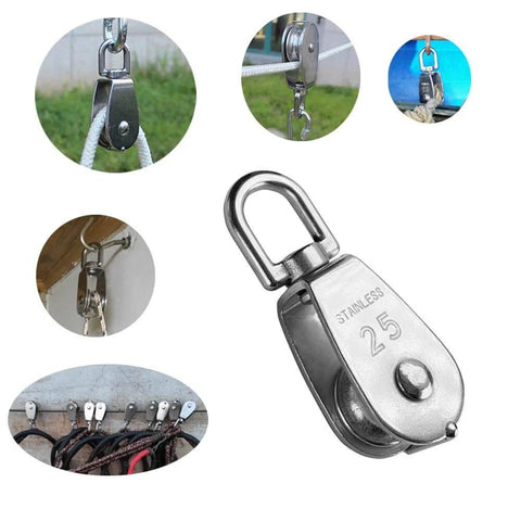2pcs Stainless Steel M25 Lifting Crane Single Wheel Swivel Snatch Pulley Block 1/4" Rope x 1" Sheave Pulley Roller, 330 lbs Load