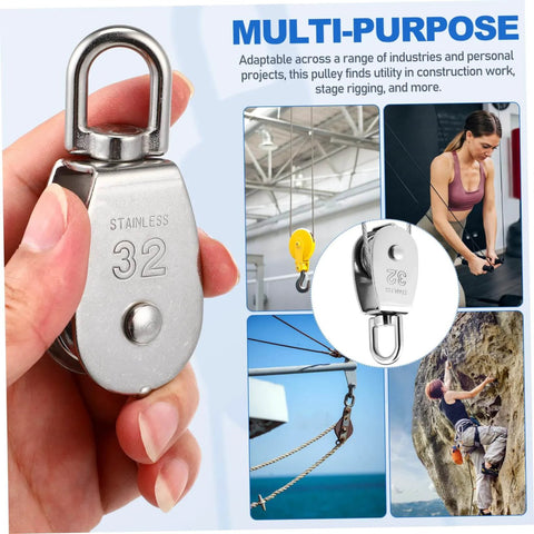 Hand holding 3pcs Heavy Duty Stainless Pulley Swivel Lifting Wire Rope Crane for Construction DIY Projects, with various usage examples.