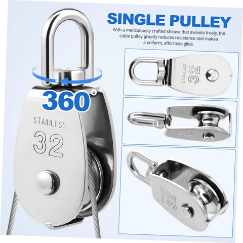 3pcs Heavy Duty Stainless Pulley Swivel Lifting Wire Rope Crane for Construction DIY Projects, showing front and side views.