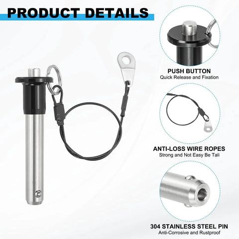 1/2 Inch Diameter 304 Stainless Steel Quick Release Pin With 2 Inch Usable Length Push Button Ball Locking Pin Includes 25 Cm Lanyard Cable And M5 Screw Silver Head Diameter 25 Mm Total Length 90 Mm Pin Length 60 Mm Rope Length 250 Mm detailed components view