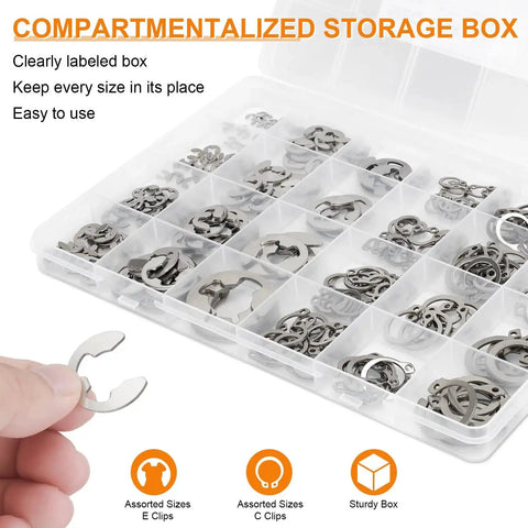 312 Piece Retaining Ring Kit With E Clips And External C Clips In 304 Stainless Steel in labeled storage box