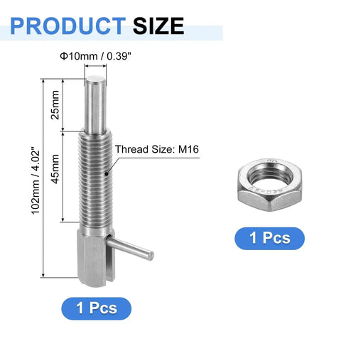 Retractable Indexing Plunger Pin With Nut For Machinery And Shipbuilding, M16 Thread, size details displayed, includes 1 piece