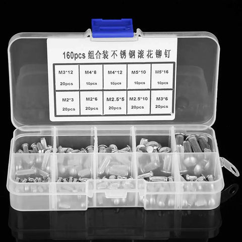 Lightweight Knurled Shank Stainless Steel Rivets Set 160 Pieces in Multiple Sizes with Plastic Storage Box for Labels Nameplates Fastening and DIY Projects