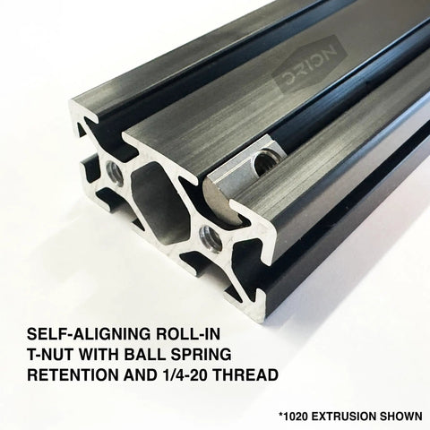 Ten Series Stainless Steel Self Aligning Roll In T Nut With Ball Spring For One Quarter Twenty Thread installed in 8020 extrusion