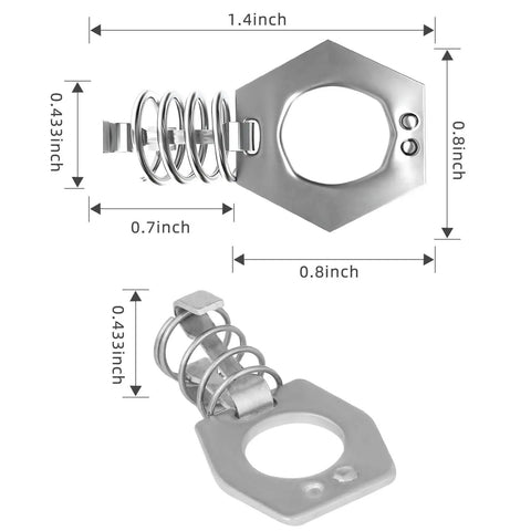 Durable stainless steel RV water heater cam locks, showing two views with dimensions, provide rustproof security for campers.