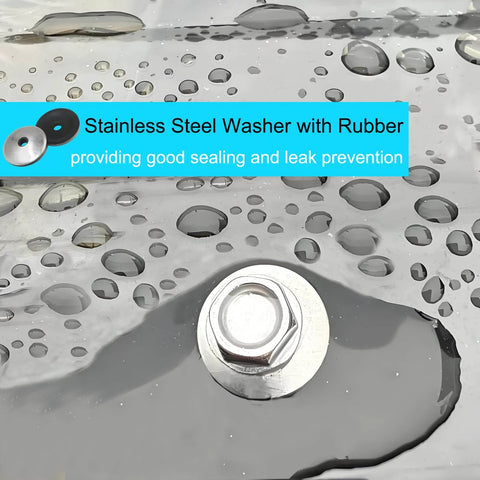Close-up of 60pcs #10 x 1 Metal Roofing Screws with EPDM Rubber Washers on metal panel, highlighting leak prevention feature.