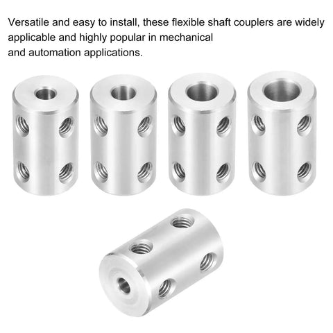 Five stainless steel rigid shaft couplings with six drill holes each, suitable for 7 to 10 mm drive shafts in CNC machines and 3D printers.
