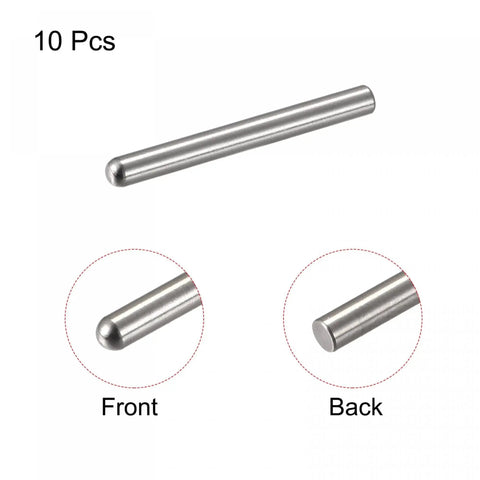 10 pack of 6mm X 50mm stainless shelf pins with close-up front and back views, 304 stainless steel dowel pins, rust resistant, silver tone