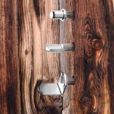 60 Pieces Shelf Bracket Pegs Stainless Steel Shelf Pins Support, Nickel Plated Shelf Pins, 3 Styles on wooden surface