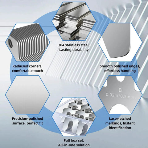 Diagram of features for 156 Piece Pro Grade Stainless Steel Slotted Shim Kit, highlighting polished surfaces, radiused corners, and laser etching.