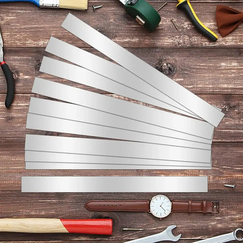 10 Pcs 12 Inch Stainless Steel Shim Stock Strips 0.02 Inch Thick 1 Inch Wide 304 Stainless Steel Gap Filler Thin Flat Metal Shims For Machinery DIY Projects Rust Resistant Built To Last on a wooden surface.