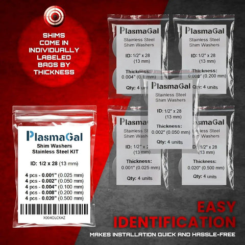 Barrel Shim Kit For One Half By Twenty Eight Inch Threads Stainless Steel 20 Piece Set showing labeled bags by thickness